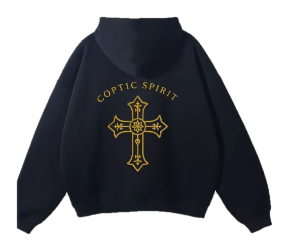 Back of the jumper: arched Coptic Spirit wordmark over a gold cross