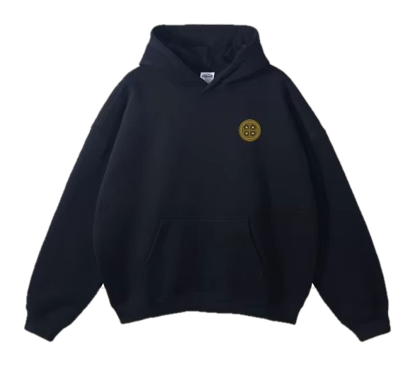 Black Coptic Spirit jumper, gold medallion on the chest